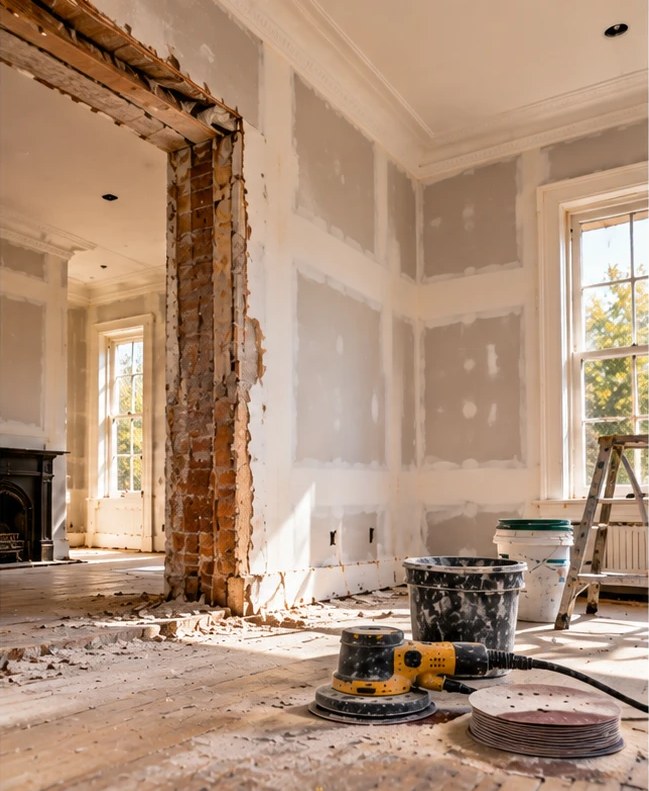 Period home renovation with new plaster set around an opened-up brick wall